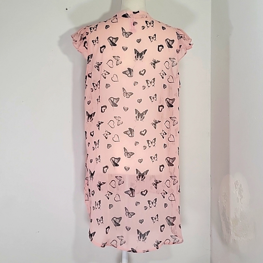 Womens Sheer Pink w/Black Butterflies High Low Ruffle Sleeve Top Size XL - Picture 7 of 14